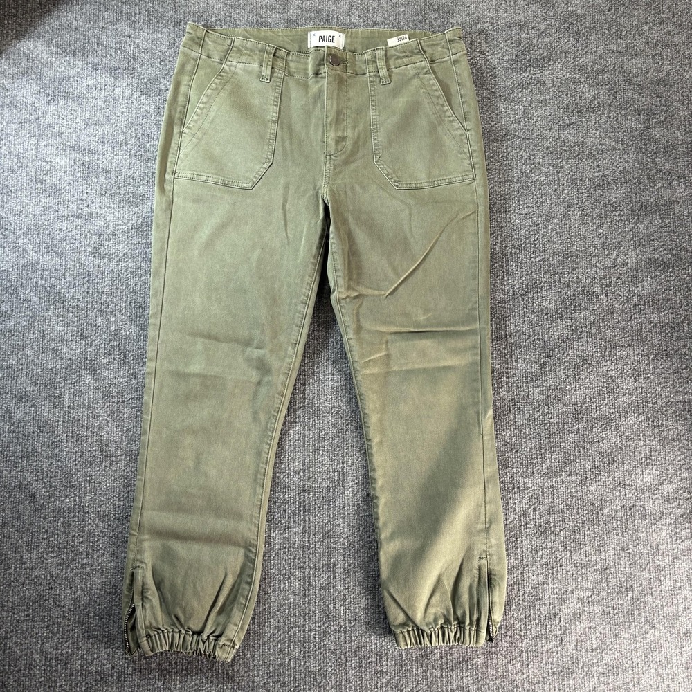 Paige Pants Womens 30 Green Twill Jogger Elastic Cuff Relaxed Tapered Leg